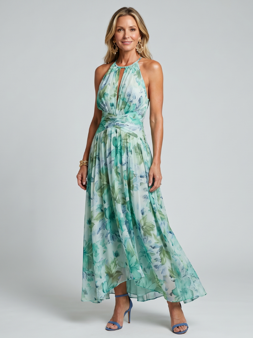Susan | Pleated Halter Soft Floral Pattern Midi Dress