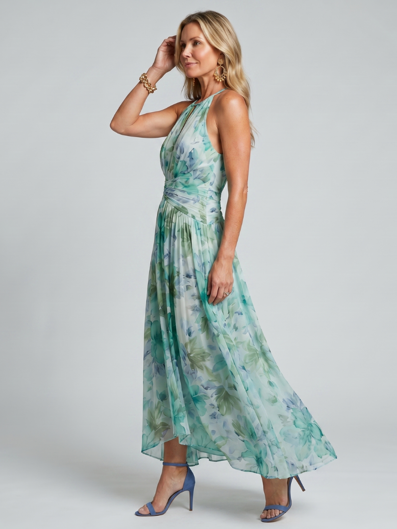 Susan | Pleated Halter Soft Floral Pattern Midi Dress
