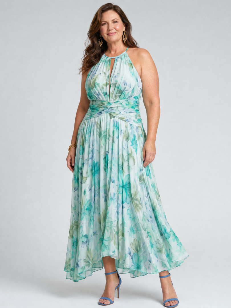 Susan | Pleated Halter Soft Floral Pattern Midi Dress