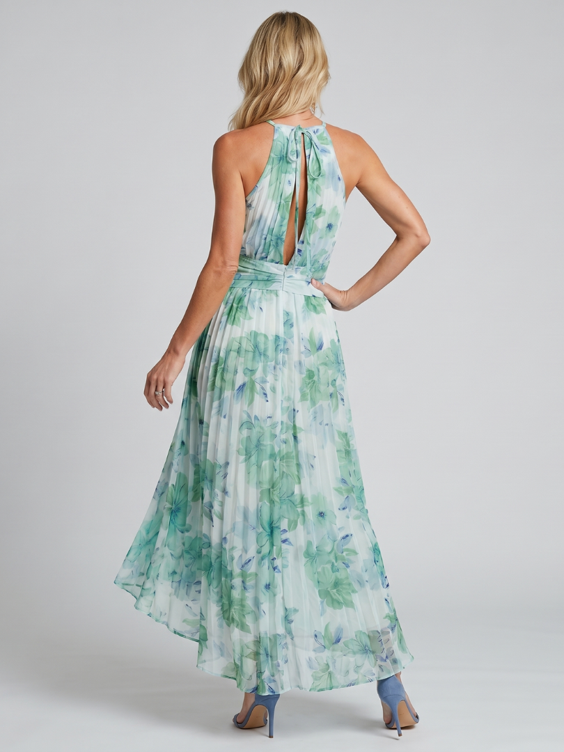 Susan | Pleated Halter Soft Floral Pattern Midi Dress