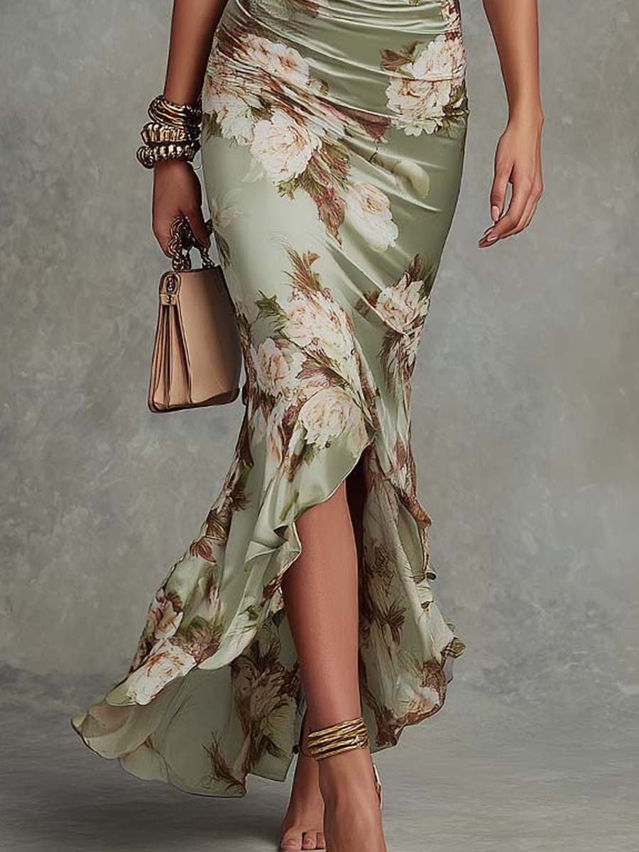 Victoria | Asymmetrical Long Green Satin Dress