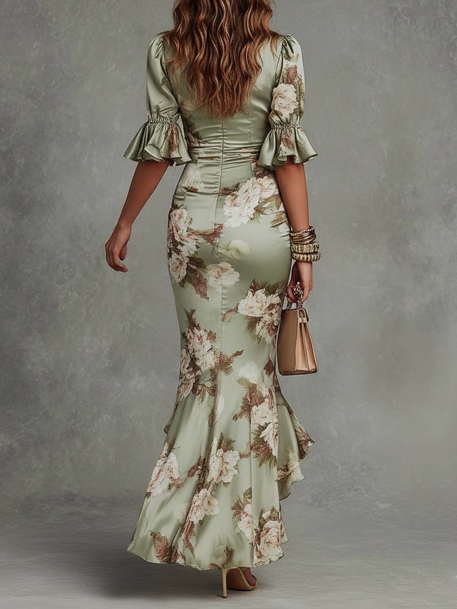 Victoria | Asymmetrical Long Green Satin Dress