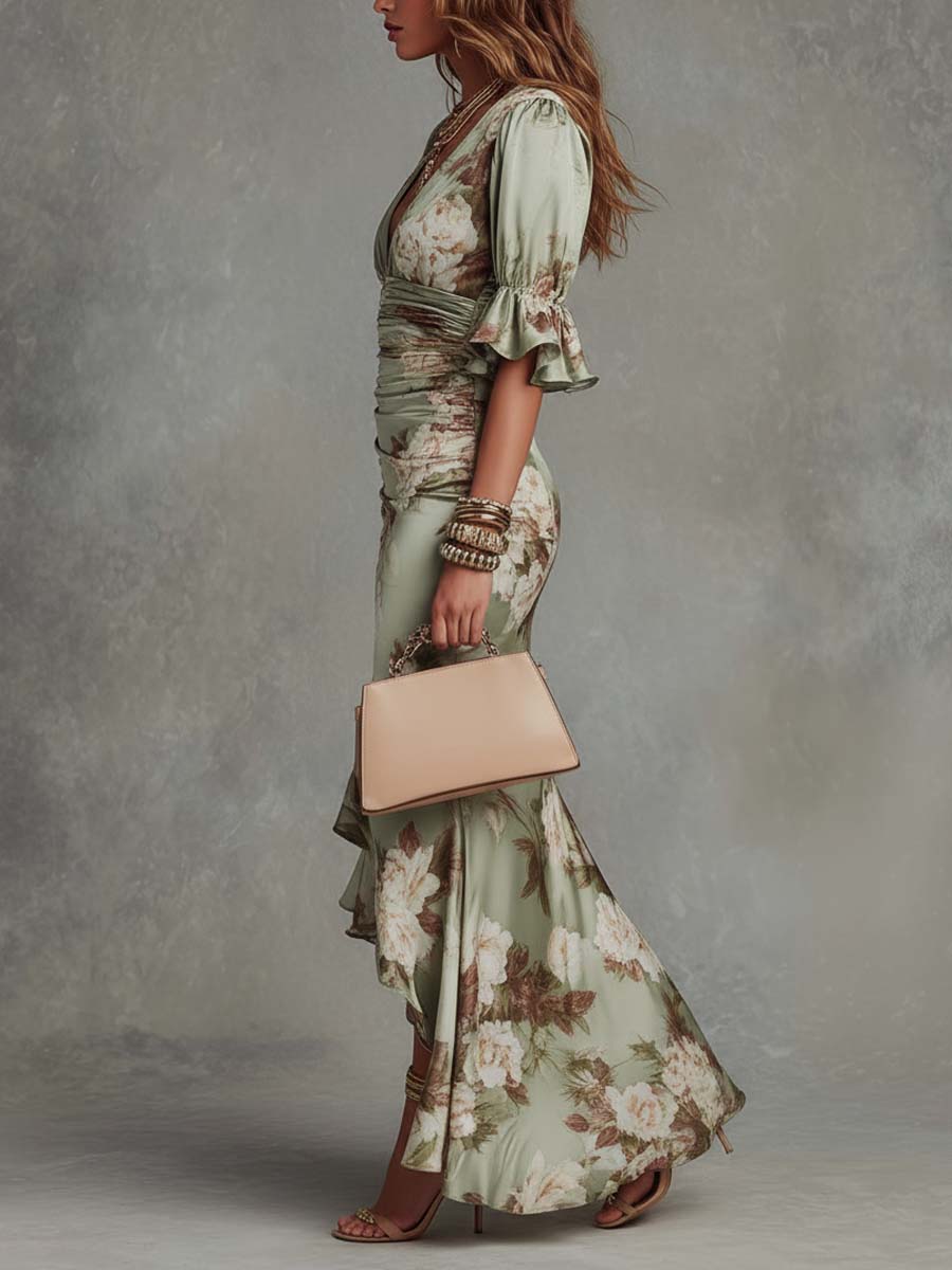 Victoria | Asymmetrical Long Green Satin Dress